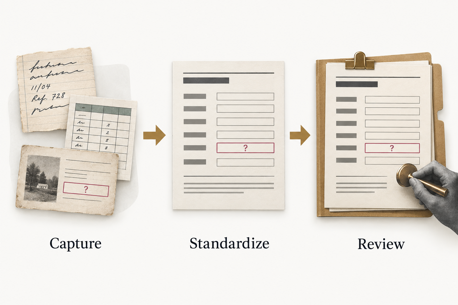 Course diagram organizing records and flagging missing facts
