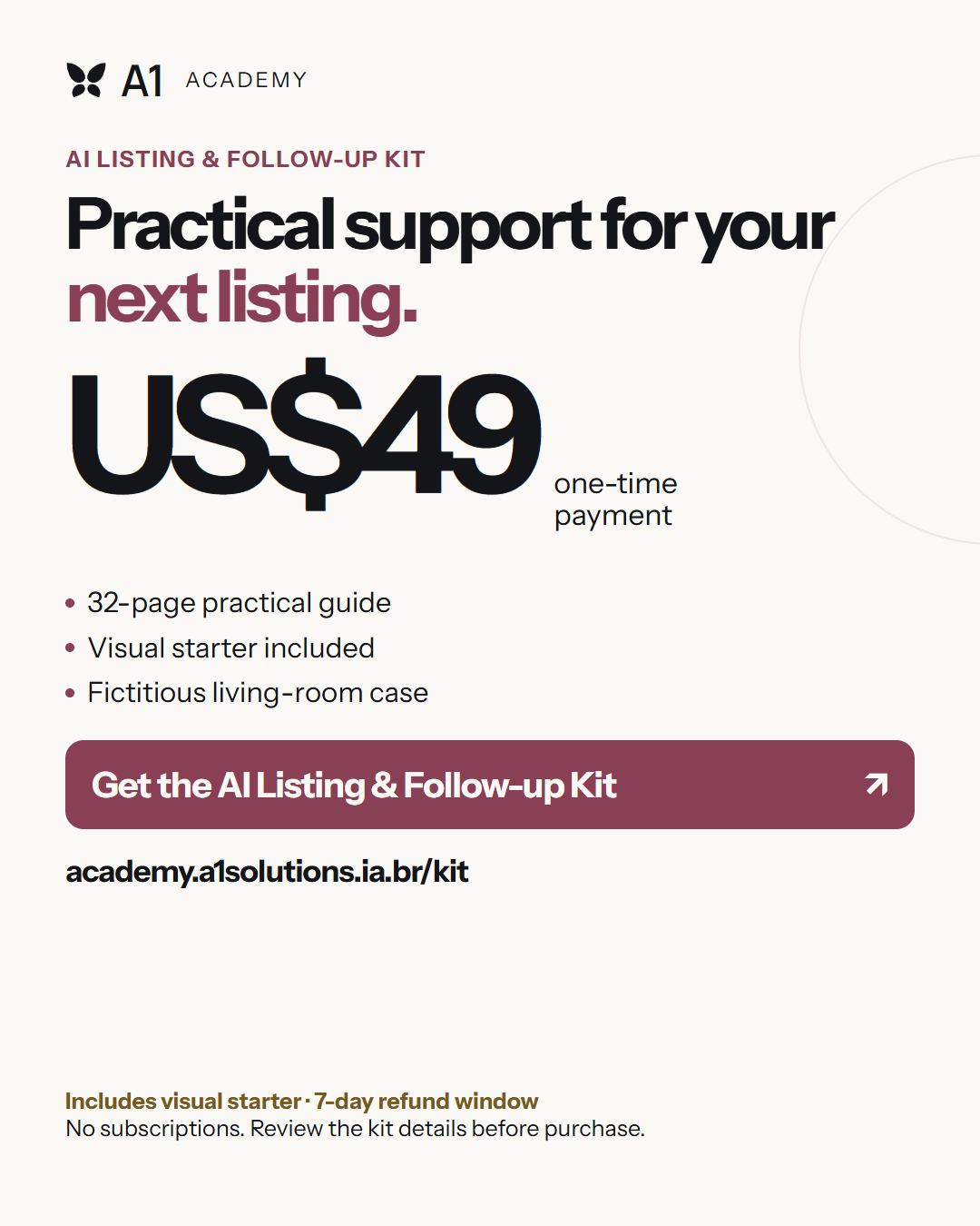 AI Listing & Follow-up Kit — US$49 one time, with a visual starter
