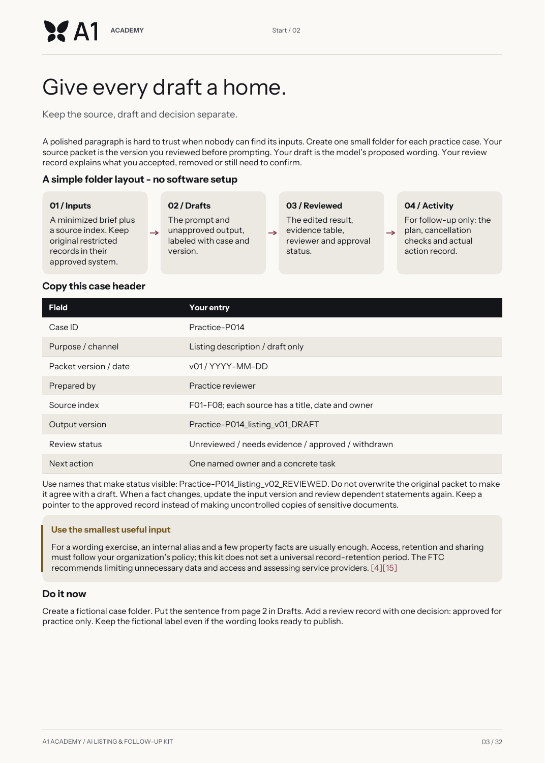 A real page from the kit with a worked example and explanation